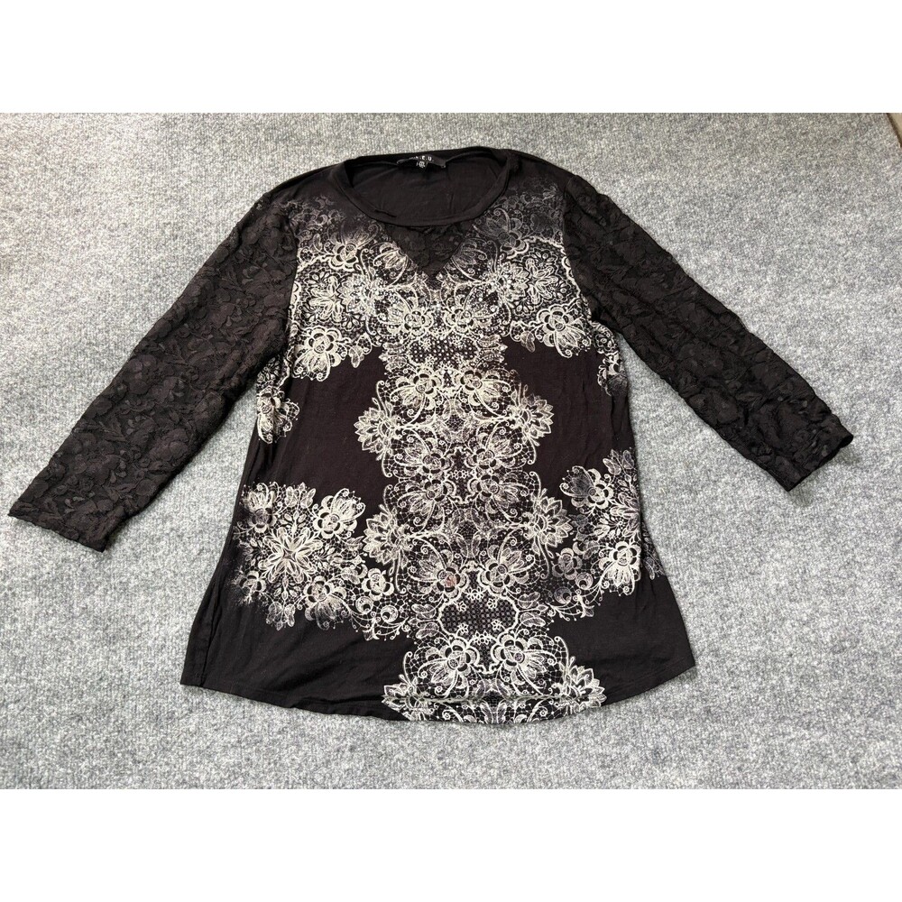 B.L.E.U. Top Womens Medium Black Floral Lace Sleeves USA Made Rayon Blend Shirt